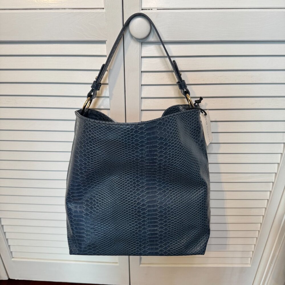 Lulu Dharma NWT Boxy Bucket Shoulder Bag – Navy Blue, 100% Vegan Snake / Croc Em